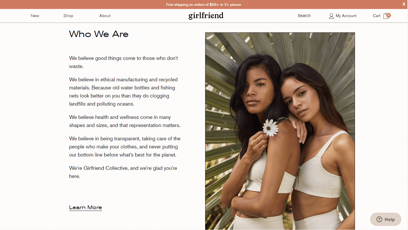 Girlfriend Collective's About Us page highlights their process for developing athleisure. 