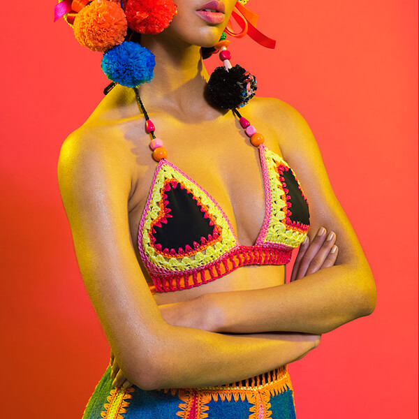 Colorful Sustainable Knit Bra Top Styled on Ethnic Model